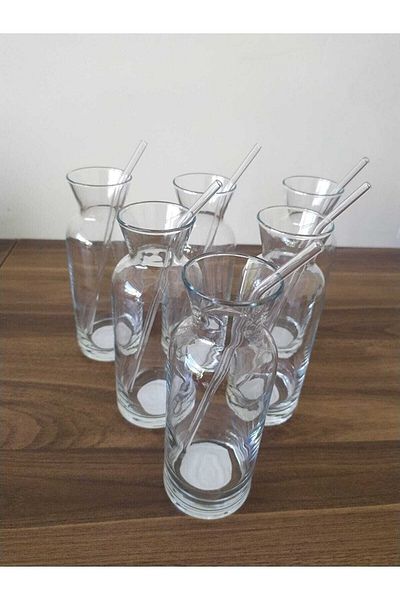 AYBABA STORE Glass Soft Drink Glass with Straw, Lemonade Glass, Milk Bottle, Presentation Carafe, 6 Pieces