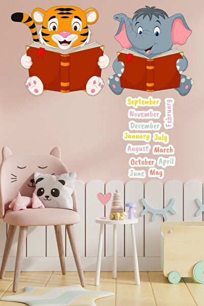 Echo Home Kitap Okuyan Sevimli Fil Ve Kaplan Anaokulu Çocuk Odası Duvar Stick...