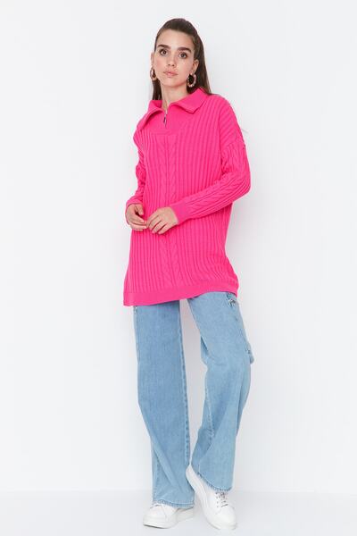 Trendyol Modest Fuchsiový Thessaloniki pletený svetr na zip TCTAW23AK00017