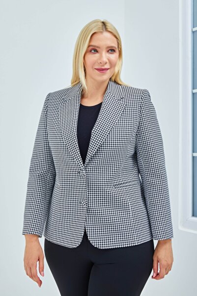 Fagi Women's Large Size Buttoned Classic Houndstooth Patterned Jacket