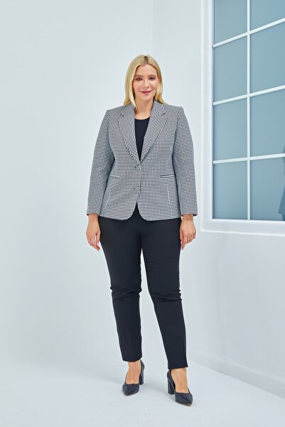 Fagi Women's Large Size Buttoned Classic Houndstooth Patterned Jacket