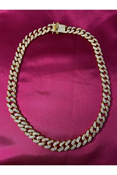 MeyMan Cuban Chain Gold Colour Zirkon Taş Işleme Standart Beden Zincir Kolye