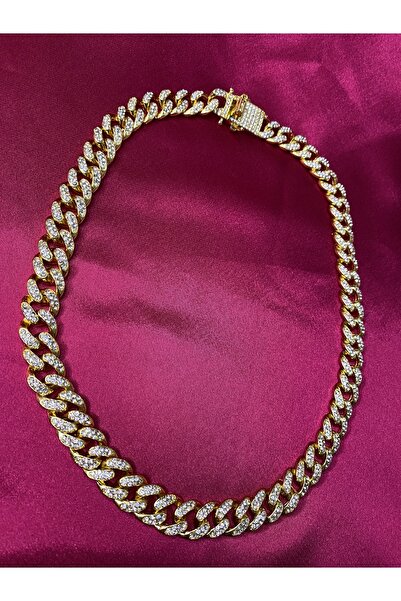 MeyMan Cuban Chain Gold Colour Zirkon Taş Işleme Standart Beden Zincir Kolye