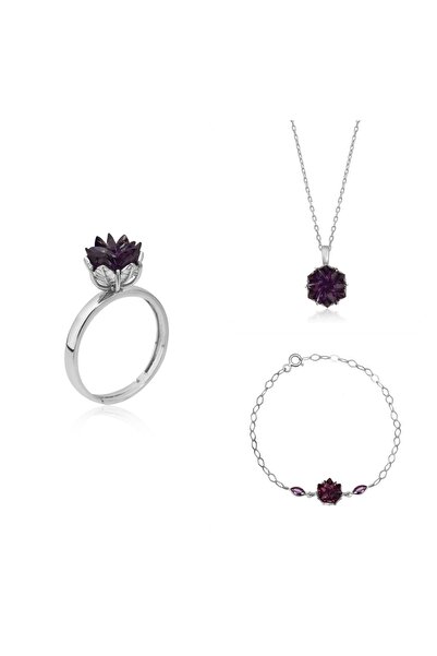 LOTUS JW Lotus Çiçeği Yüzük.kolye Ve Bileklik Seti | 925 Ayar Gümüş Set