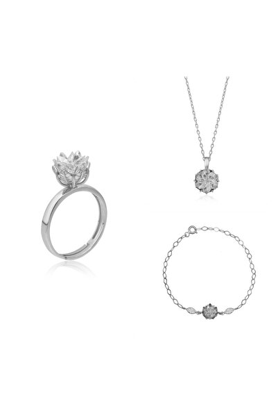 LOTUS JW Lotus Çiçeği Yüzük.kolye Ve Bileklik Seti | 925 Ayar Gümüş Set