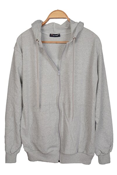 MODA Unısex Kapüşonlu Fermuarlı Cepli Ince Penye Gri Basic Sweatshırt Hırka