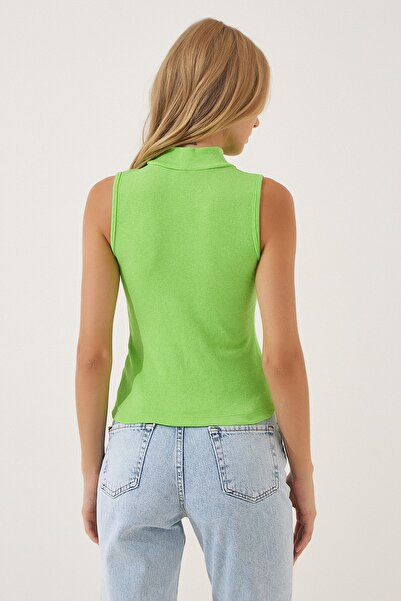 Happiness İstanbul Γυναικεία πλεκτή μπλούζα από βαμβακερό λαιμό πράσινο φιστίκι GT00004