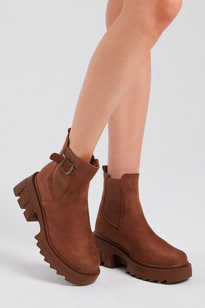 Tonny Black Damen-Stiefel aus braunem Wildleder mit elastischer Schnalle und bequemer Form
