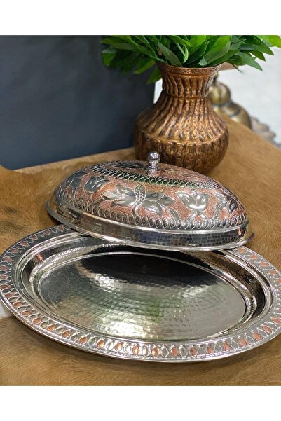 As El Sanatları Bakır El Işlemeli Kapaklı Kayık Sunumluk Çift Renkli 40 Cm