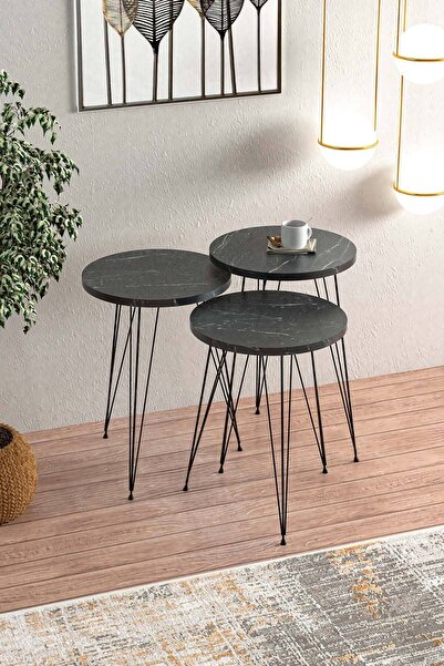 EGEMODÜLER Bendir Siyah Metal Ayaklı Ofis Sehpası Zigon Sehpa Yan Sehpa