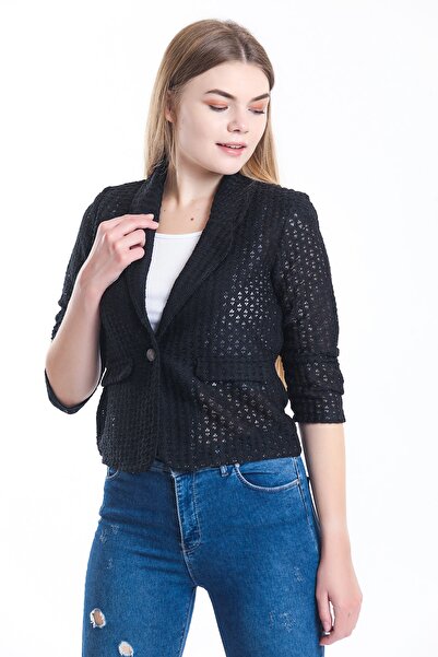NEZZA CONCEPT Kolları Büzgülü Dantelli Kısa Siyah Ceket