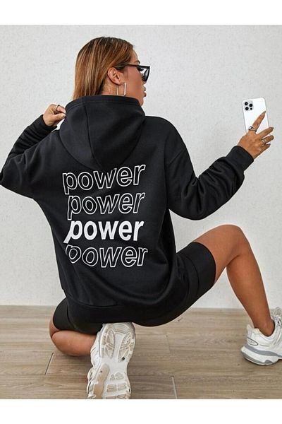AFROGİYİM Дамски суитшърт с качулка и голям размер с принт Power Back