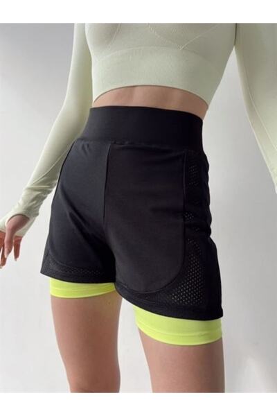 moda bizimle Siyah Yeşil Neon Yüksek Bel Tayt