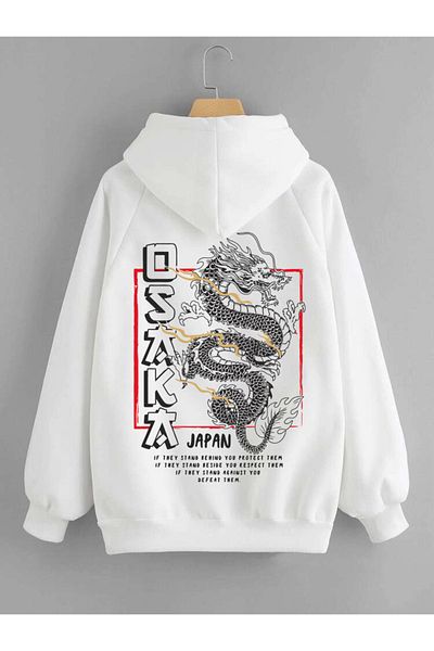 DEEPSENCE White Unisex Oversize Hooded Sweatshirt Osaka Back Print