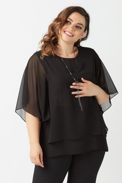 Moda Alba بالإضافة إلى حجم بلوزة الشيفون مع قلادة سوداء الأكمام الخفافيش