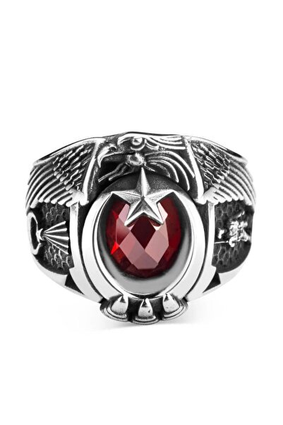 Anı Yüzük Jandarma Şualı Asker Figürlü Devre Yüzüğü Kırmızı Taşlı