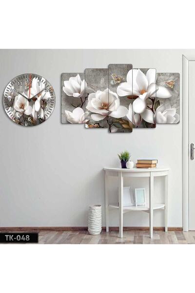 EVLOYA Modern Beyaz Çiçekler - Tablo Saat Kombini