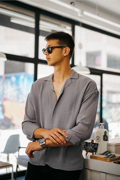 Şahin Ανδρικό γκρι λινό Aerobin Loose Fit Oversize Casual πουκάμισο Lala