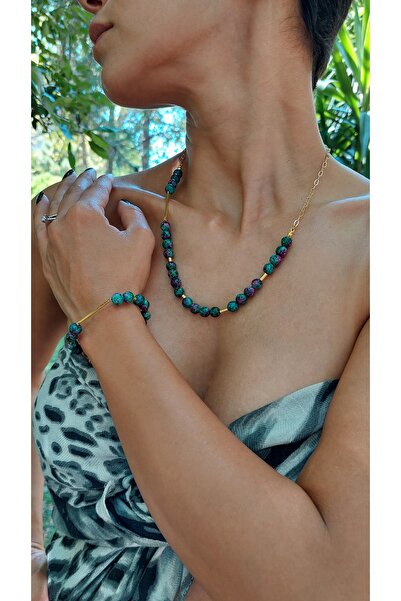 serapis accessories Altın Kaplama Zincirli Anyolit Taşı Koliye Ve Bileklik Seti