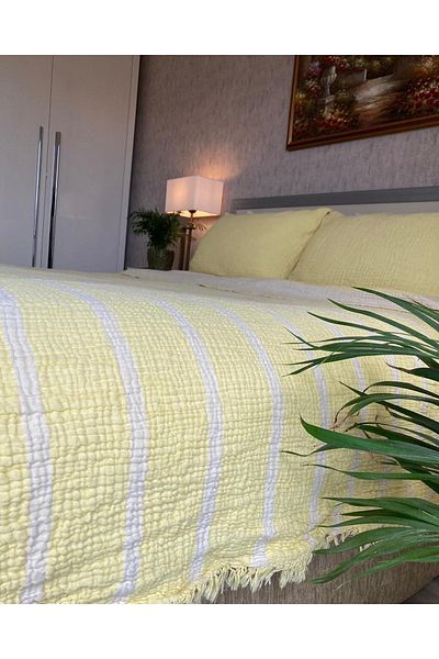 YASEMİNİNEVİ Yellow Striped Oversize Pique/Bed Cover