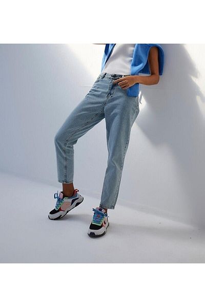 LİMABEL Mom Lycra Talie înaltă Blue Snow Washed Mom Jeans Extra Confortabil