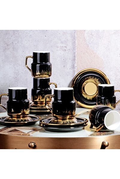 Kosova Porselen 6 Kişilik Gold Siyah Kahve Fincan Takımı
