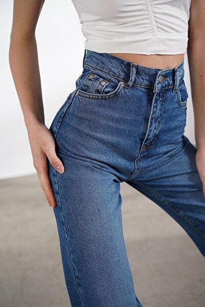 Trn JNS Blugi largi din Lycra albastru mediu cu talie super inalta Pantaloni palazzo lati