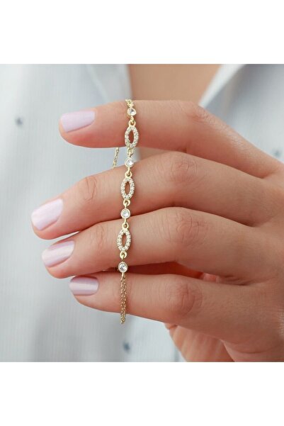 Silvano Jewelry 925 Ayar Oval Taşlı Model Gold Gümüş Bileklik