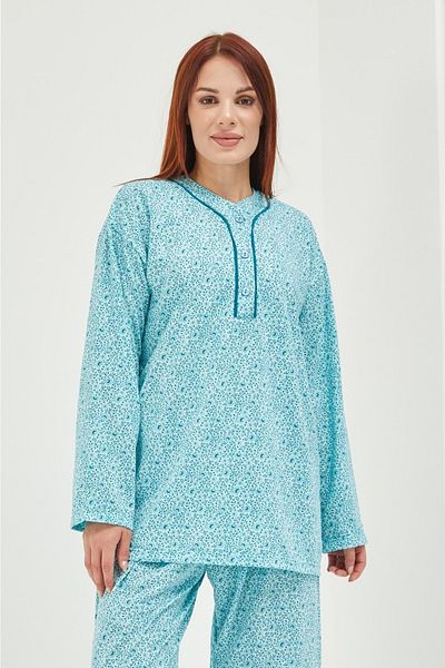 AYSUN TEKSTİL Quality Cotton Fabric Wide Cut Button Collar Green Pajama Set.