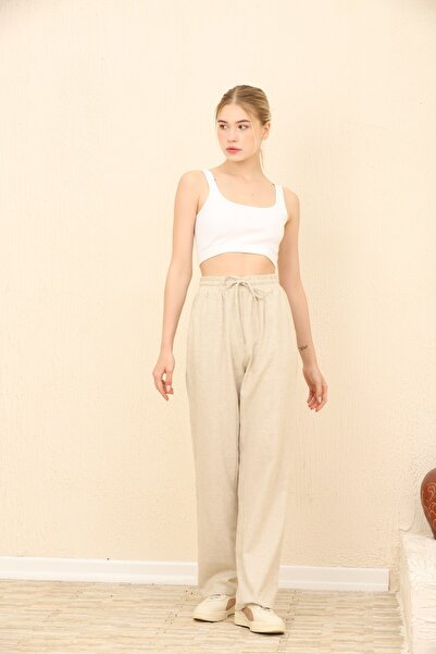Lin Collection Kadın Naturel Bej Keten Pantolon Beli Lastikli Cepli