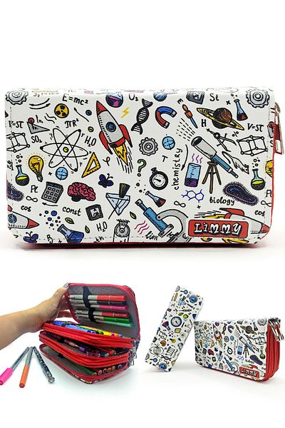 Limmy Pencil Case Science Patterned Kawai Organizer Pencil Case Vegan Leather Three Compartment Pen Holder - Red
