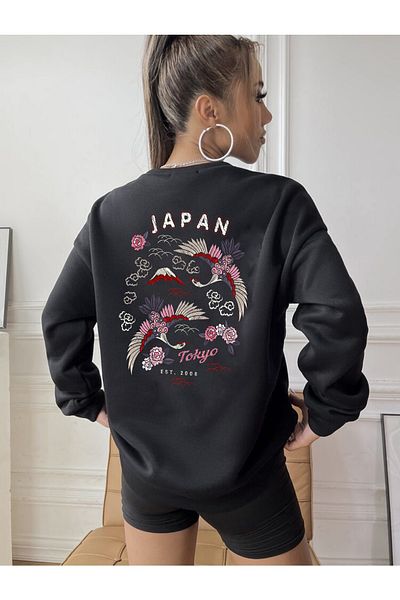 DEEPSENCE Hanorac negru cu decolteu oversize cu imprimeu floral japonez pentru femei