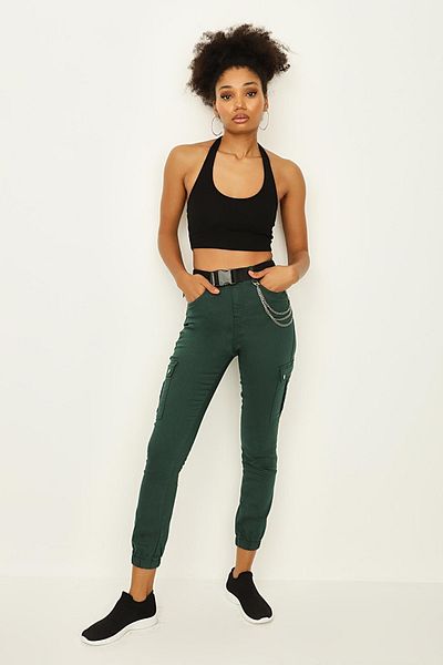 Select Moda Pantaloni cargo cu centură verde pentru femei, cu picioare elastice