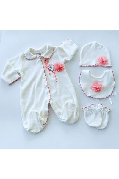 Fantastic Baby Flamingo Patterned Velvet Jumpsuit with Booties 4 Pieces White