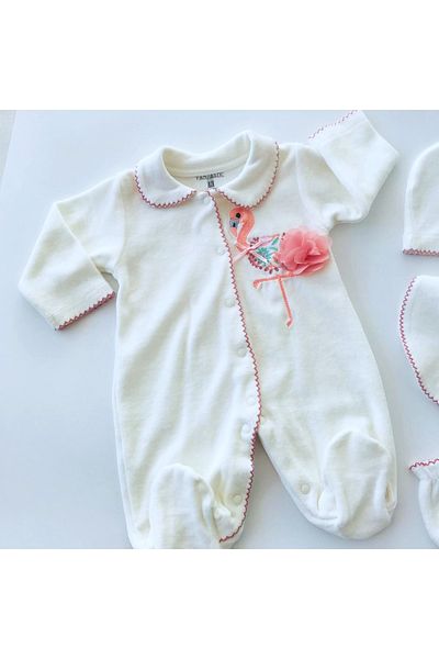 Fantastic Baby Flamingo Patterned Velvet Jumpsuit with Booties 4 Pieces White