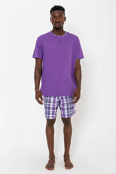 Nur Aka by Nurteks Men's Oversize Pajama Set with Plaid Patterned Top Purple Buttoned Pocket Detail
