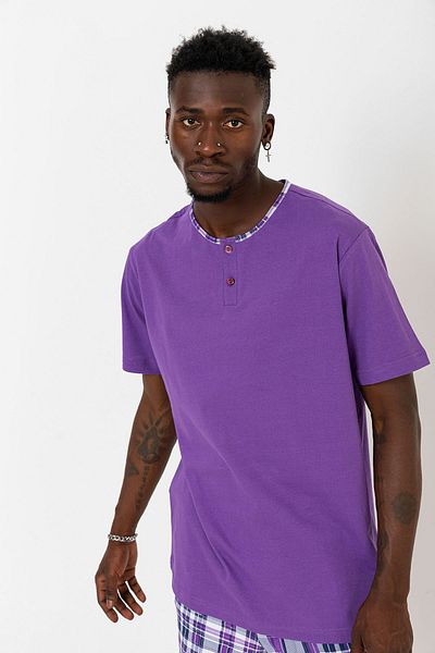 Nur Aka by Nurteks Men's Oversize Pajama Set with Plaid Patterned Top Purple Buttoned Pocket Detail