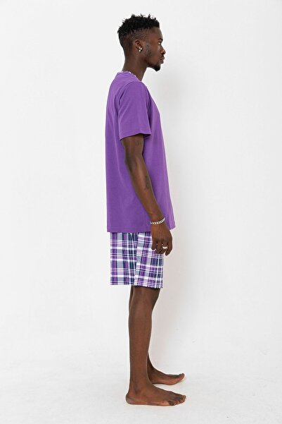 Nur Aka by Nurteks Men's Oversize Pajama Set with Plaid Patterned Top Purple Buttoned Pocket Detail