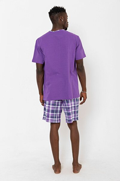 Nur Aka by Nurteks Men's Oversize Pajama Set with Plaid Patterned Top Purple Buttoned Pocket Detail