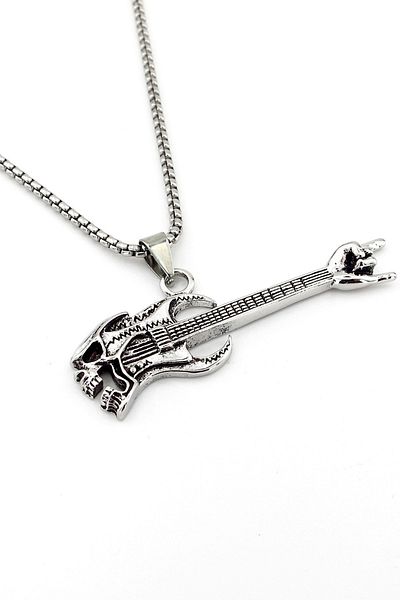 Solfera Bass Guitar Skull Rock N Roll Steel Men's Necklace Chain Q0555