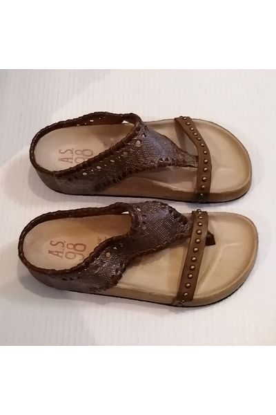 AS 98 Women's Genuine Leather Print Pattern Chestnut Handmade Spiral Leather Ribbed Wedge Sole Flip Flops