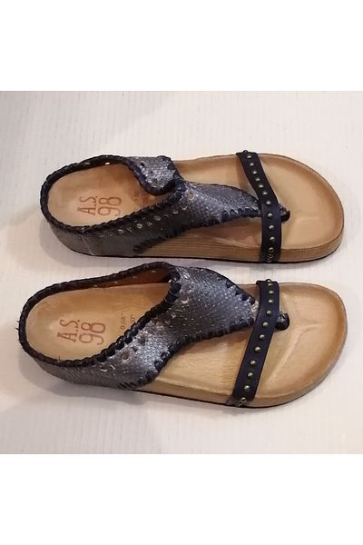 AS 98 Women's Genuine Leather Snake Sequin Blueberry Handmade Leather Ribbed Wedge Sole Flip Flops