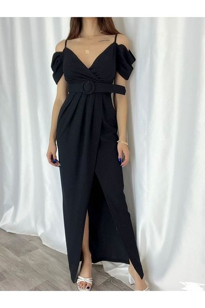 Secret Passion Lingerie Μαύρο ύφασμα κρεπ με διπλό στήθος με σχισμή λαιμόκοψη Λεπτομερές βραδινό φόρεμα και φόρεμα επιστροφής στο σπίτι 582134   704