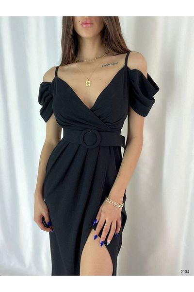 Secret Passion Lingerie Μαύρο ύφασμα κρεπ με διπλό στήθος με σχισμή λαιμόκοψη Λεπτομερές βραδινό φόρεμα και φόρεμα επιστροφής στο σπίτι 582134   704