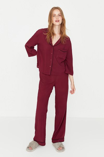 Trendyol Collection Burgundy Ribbed Viscose Woven Pajamas Set Thmaw21Pt0292
