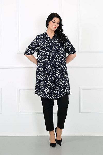 By Alba Collection Large Size Navy Viscose Tunic - Seagull Patterned Cotton