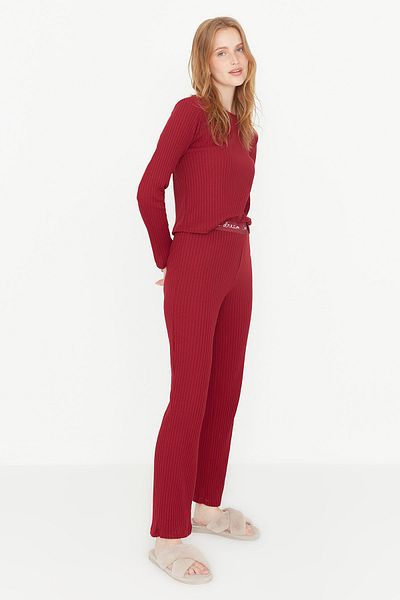 Trendyol Collection Bordeauxrotes Pyjama-Set aus Strick mit Kordel – Gummidetails, Thmaw21Pt0269