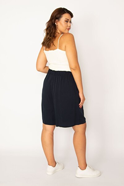 Şans Dámské kalhoty z tkané viskózové látky v námořnické modré s elastickým pasem a krajkovými detaily a bočními kapsami 65n33983