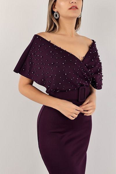 NKTCOLLECTİON Women's Purple Pearl Double Breasted Collar Scuba Evening Dress122306