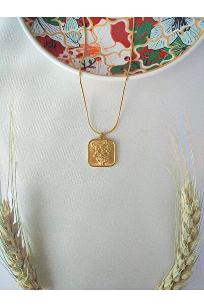 Evorya Kadın Gold Paslanmaz Çelik Otantik Vintage Gül Desenli Kolye